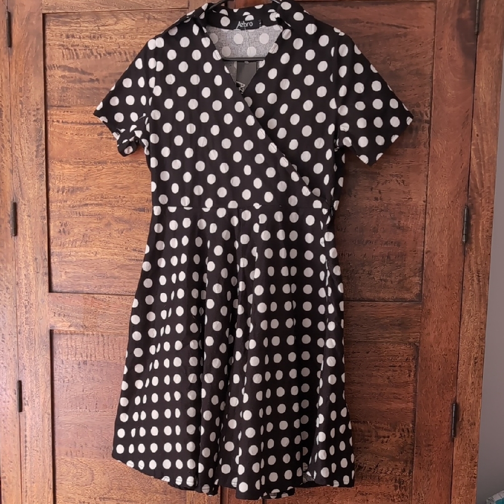 Stylish Black and White Polka Dot Midi Dress Cotton Large
